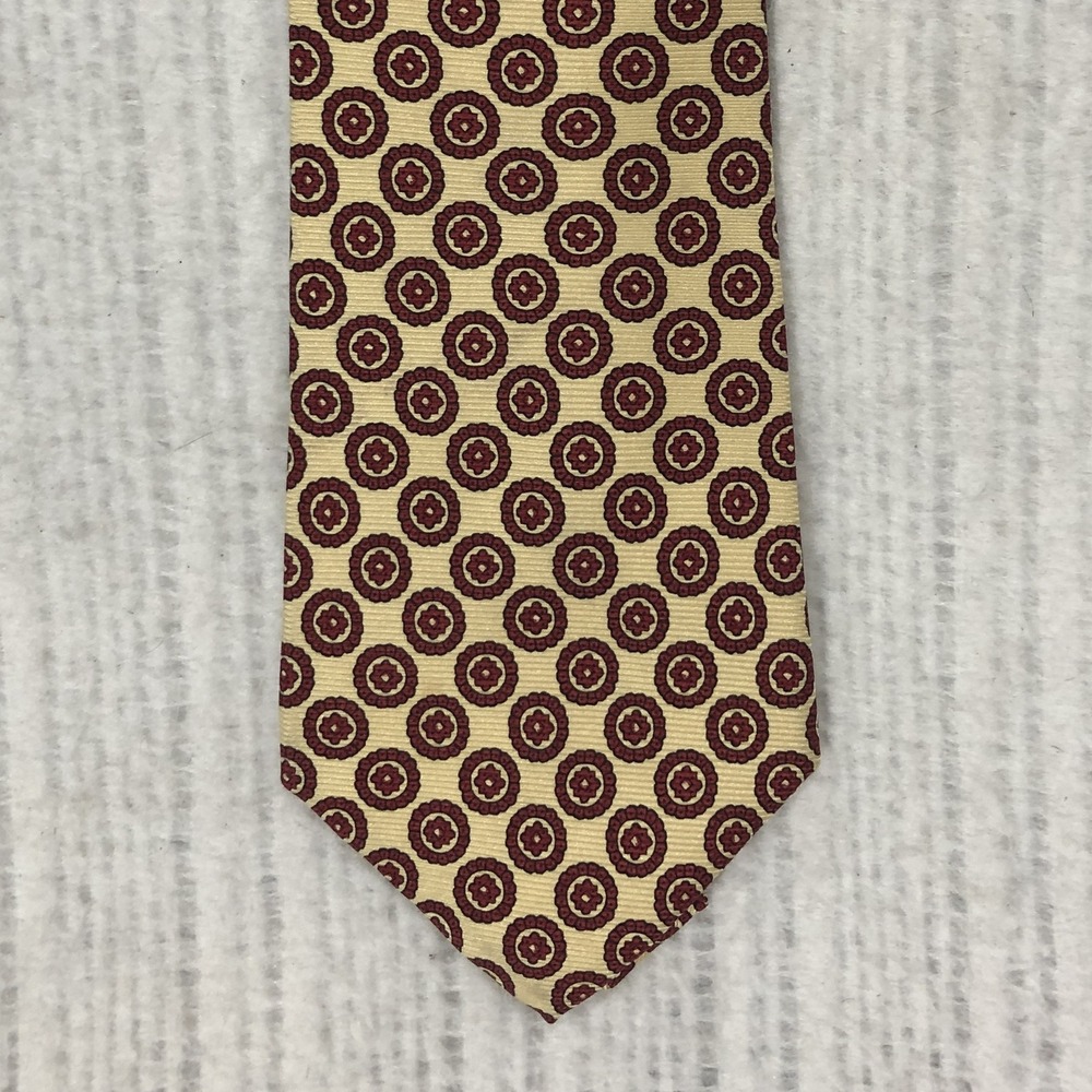 Polo Ralph Lauren Silk Tie Yellow Burgundy Navy Medallion Geometric Hand Made